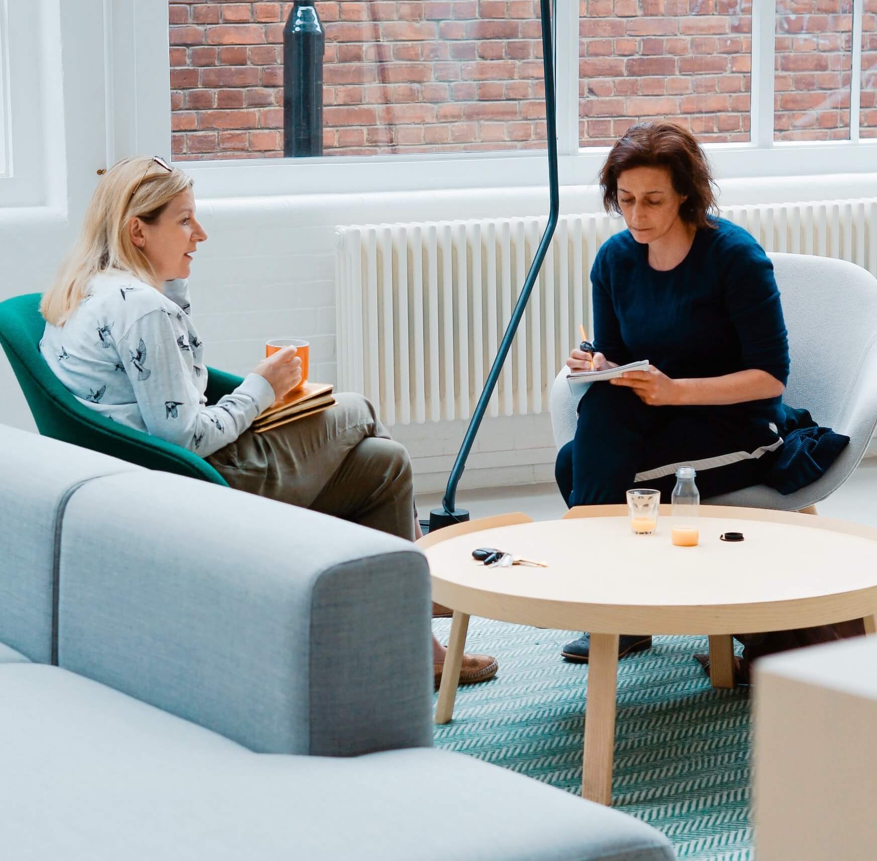 2 ladies sitting on a seperate sofas talking